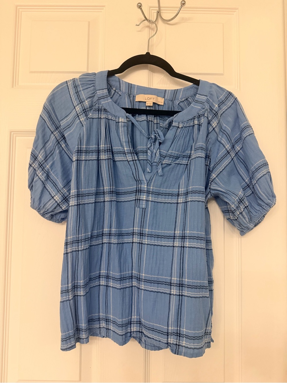 LOFT Light Blue Plaid Tie-Neck Peasant Top
